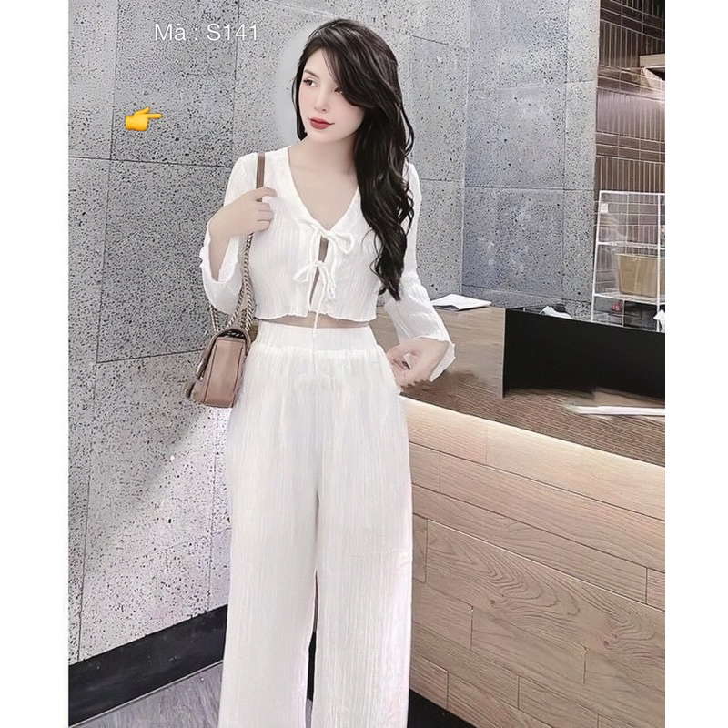 Set Bộ Đồ Thun Đũa Áo Tay Dài Thắt Nơ Quần Suông rộng cạp cao MaN