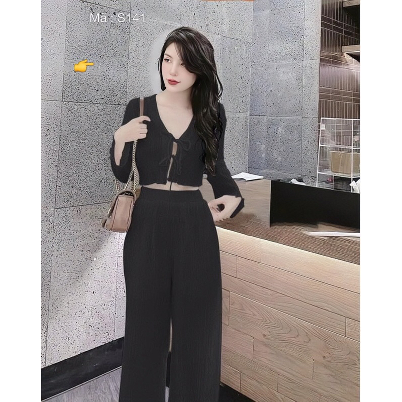 Set Bộ Đồ Thun Đũa Áo Tay Dài Thắt Nơ Quần Suông rộng cạp cao MaN