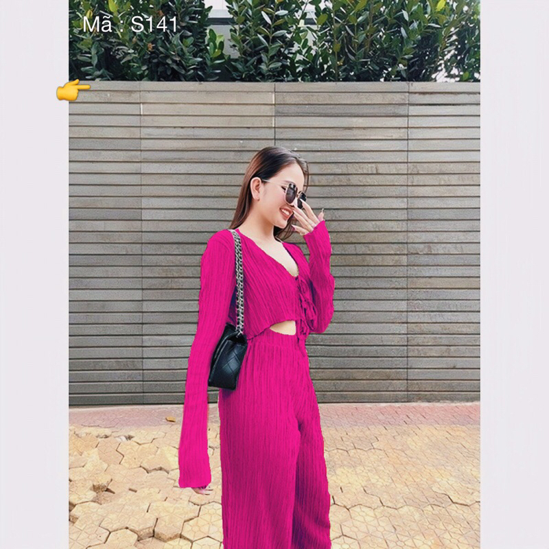 Set Bộ Đồ Thun Đũa Áo Tay Dài Thắt Nơ Quần Suông rộng cạp cao MaN