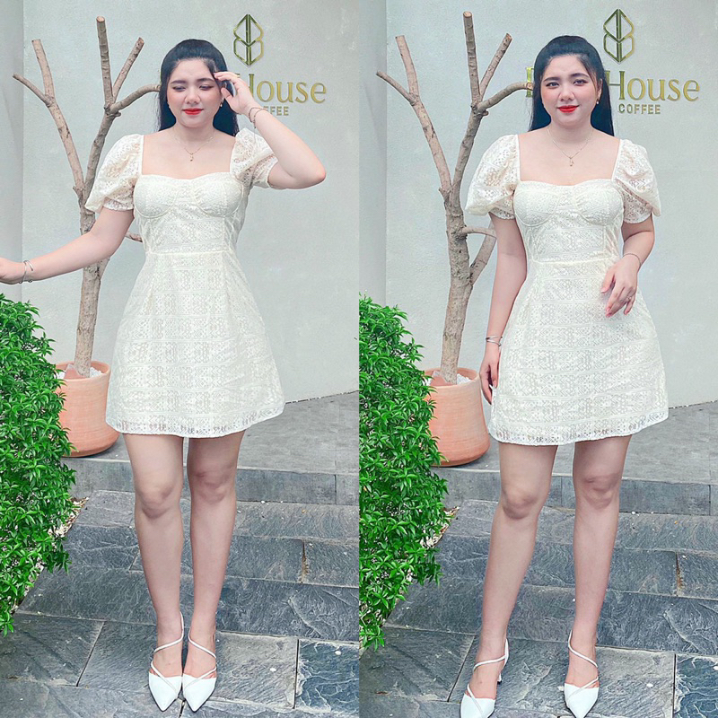 BIGSIZETIX Đầm dự tiệc chất ren thiết kế cúp ngực cổ vuông tay bồng phối nơ lưng siêu sang chảnh mẫu chụp thật 50-90kg