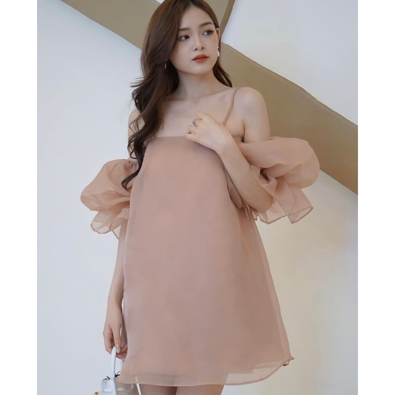 Váy trễ vai tay bồng màu Hồng san hô vả organza may kĩ Tahiti Dress - Hàng Chất Lượng Cao