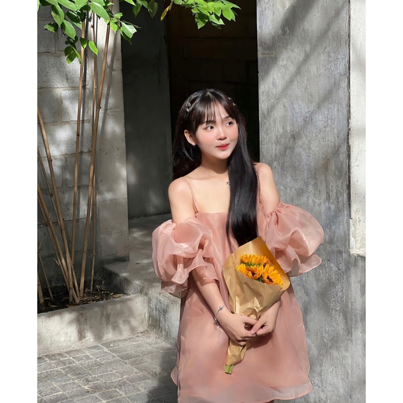 Váy trễ vai tay bồng màu Hồng san hô vả organza may kĩ Tahiti Dress - Hàng Chất Lượng Cao