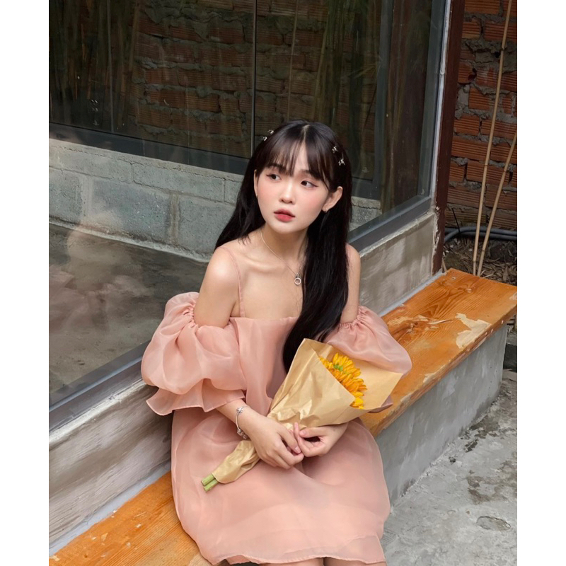 Váy trễ vai tay bồng màu Hồng san hô vả organza may kĩ Tahiti Dress - Hàng Chất Lượng Cao