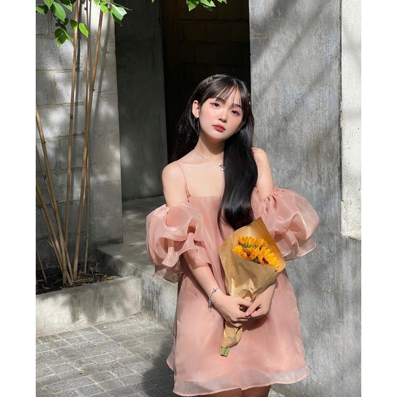Váy trễ vai tay bồng màu Hồng san hô vả organza may kĩ Tahiti Dress - Hàng Chất Lượng Cao
