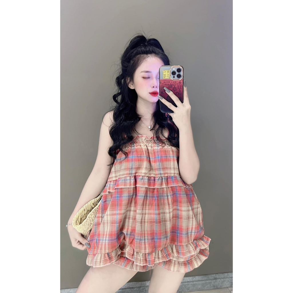 Set Bộ 2 Dây Kẻ Caro Babydoll - Bộ Kẻ Nơ Cánh Tiên