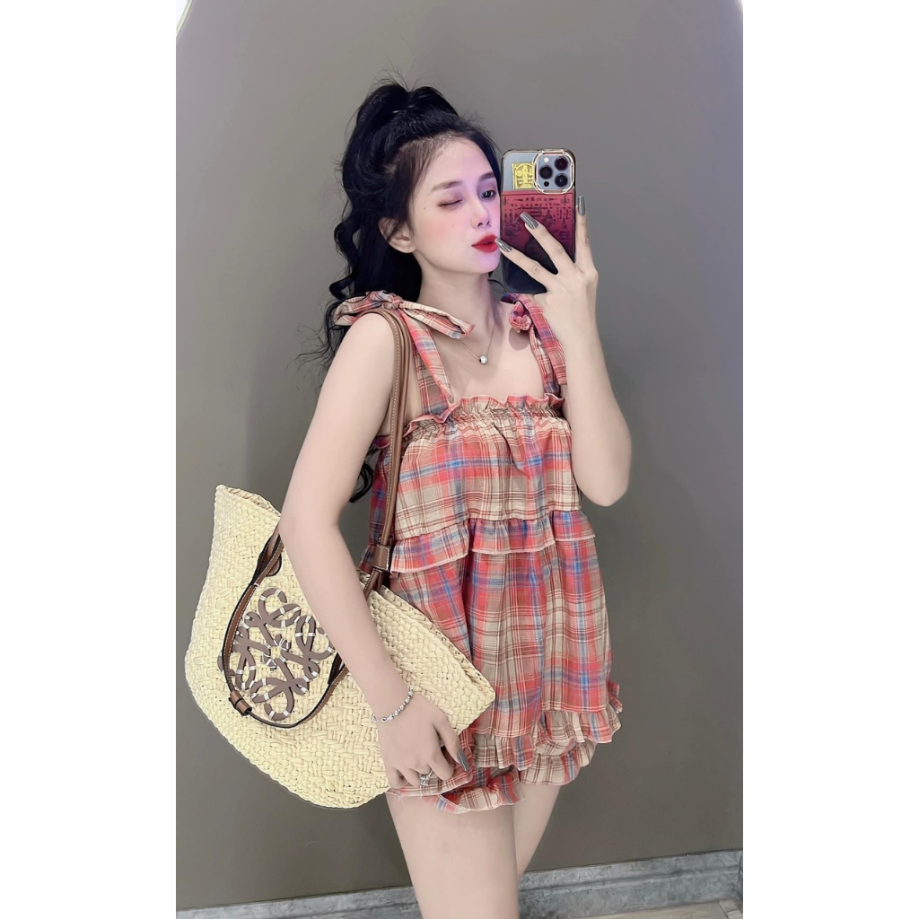 Set Bộ 2 Dây Kẻ Caro Babydoll - Bộ Kẻ Nơ Cánh Tiên