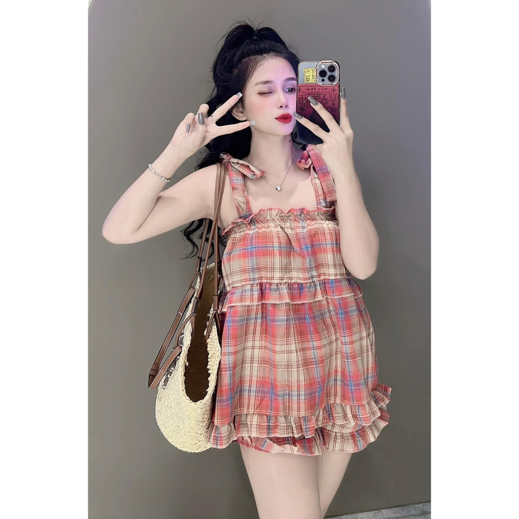 Set Bộ 2 Dây Kẻ Caro Babydoll - Bộ Kẻ Nơ Cánh Tiên