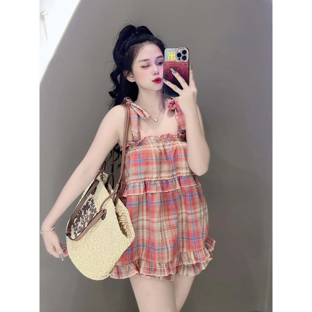 Set Bộ 2 Dây Kẻ Caro Babydoll - Bộ Kẻ Nơ Cánh Tiên