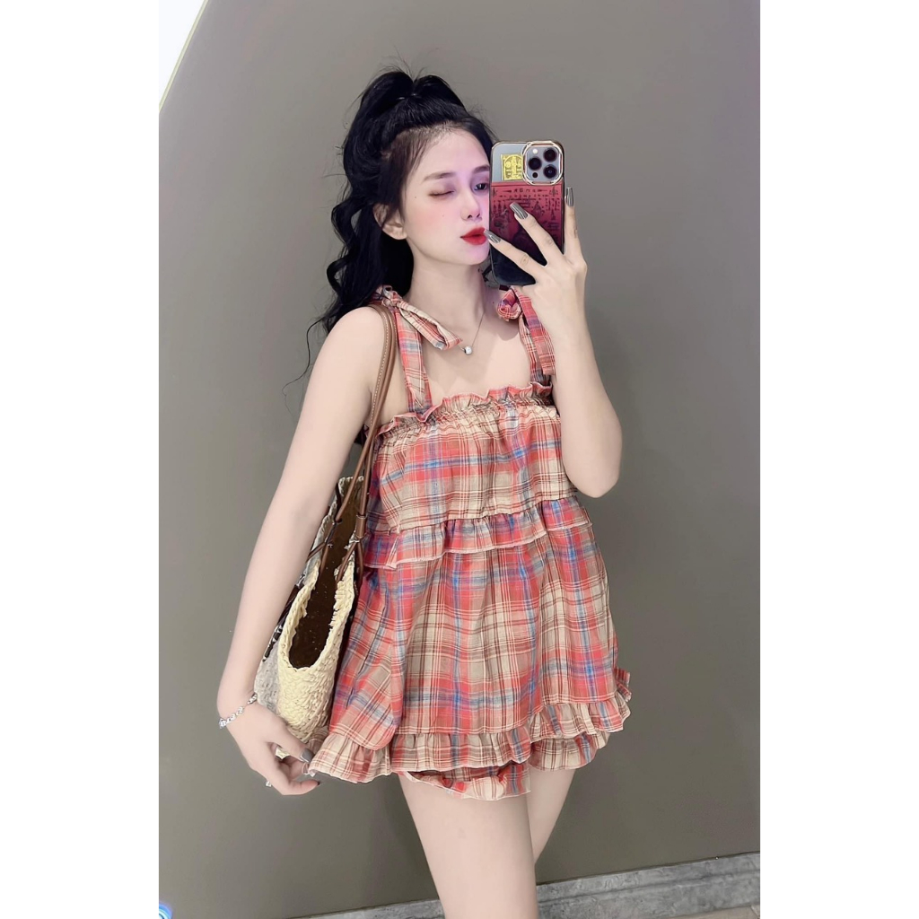 Set Bộ 2 Dây Kẻ Caro Babydoll - Bộ Kẻ Nơ Cánh Tiên