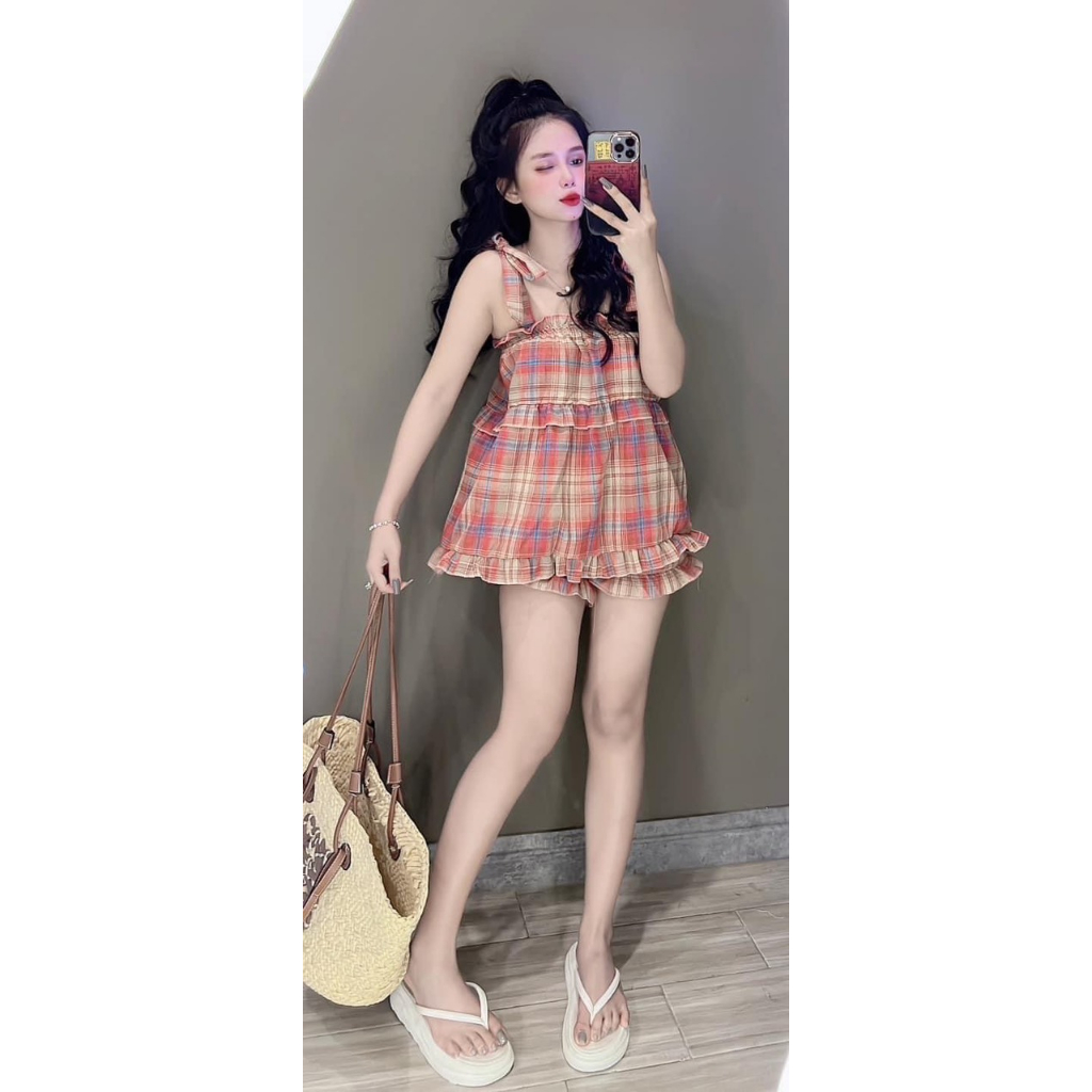 Set Bộ 2 Dây Kẻ Caro Babydoll - Bộ Kẻ Nơ Cánh Tiên