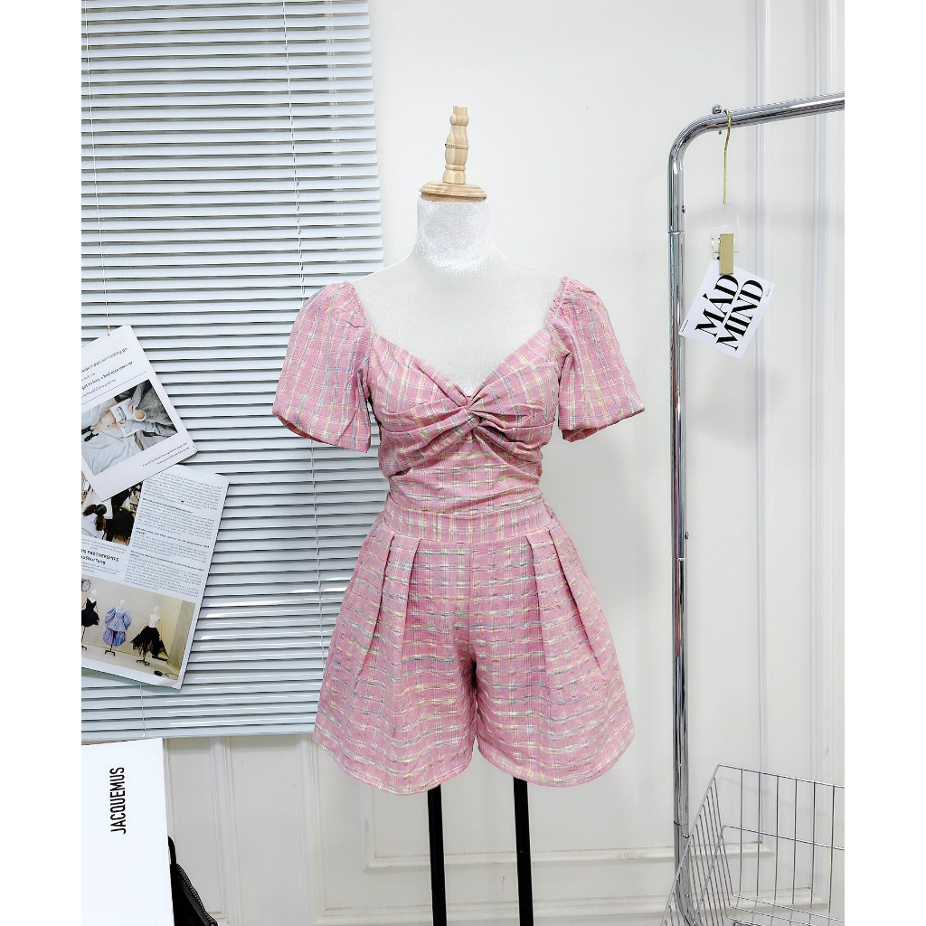 💖ẢNH THẬT💖Sét kẻ hồng áo tay phồng nơ lưng mix chân váy cạp cao chun lưng - Linh Beautiful