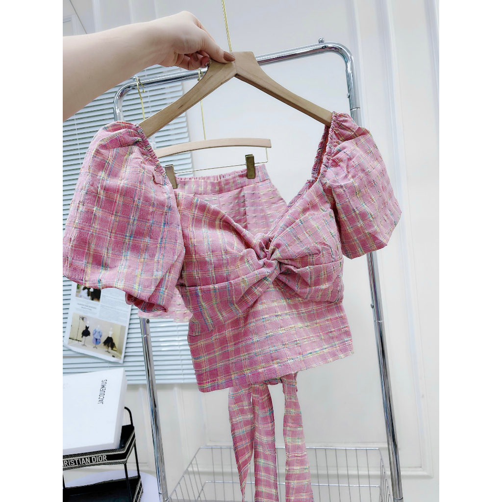 💖ẢNH THẬT💖Sét kẻ hồng áo tay phồng nơ lưng mix chân váy cạp cao chun lưng - Linh Beautiful