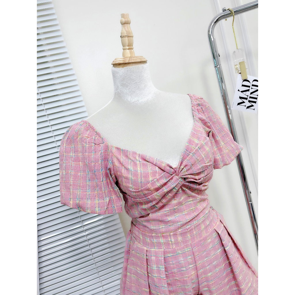 💖ẢNH THẬT💖Sét kẻ hồng áo tay phồng nơ lưng mix chân váy cạp cao chun lưng - Linh Beautiful