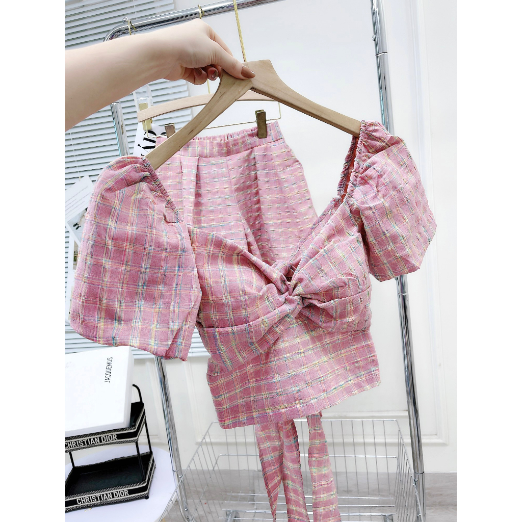 💖ẢNH THẬT💖Sét kẻ hồng áo tay phồng nơ lưng mix chân váy cạp cao chun lưng - Linh Beautiful