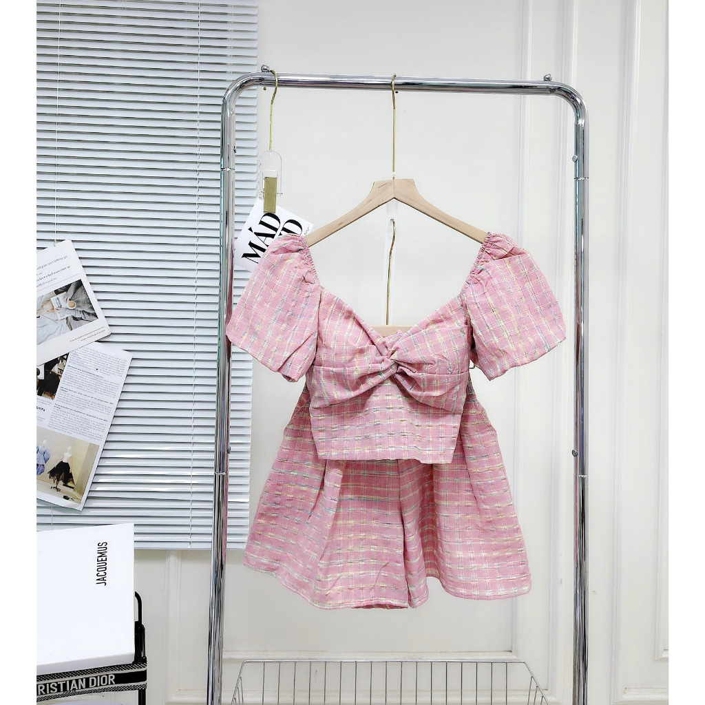 💖ẢNH THẬT💖Sét kẻ hồng áo tay phồng nơ lưng mix chân váy cạp cao chun lưng - Linh Beautiful