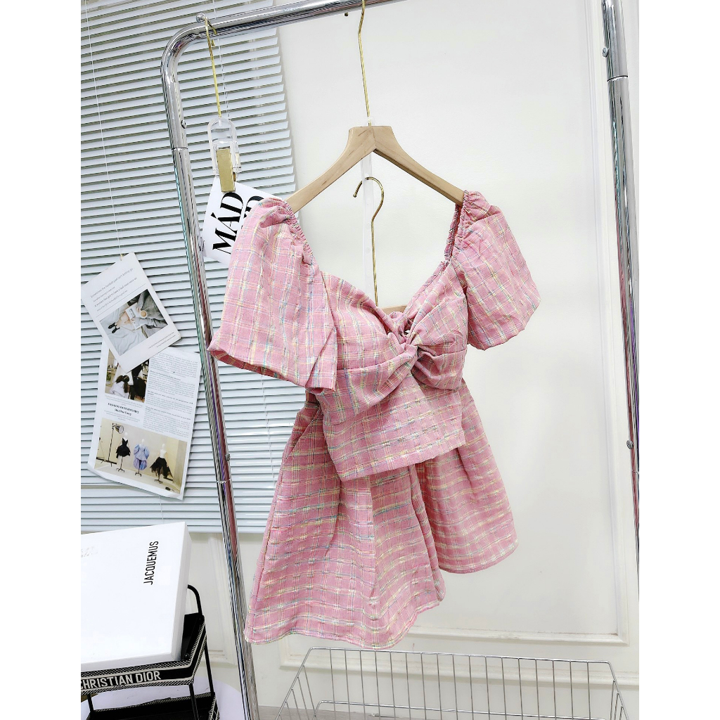 💖ẢNH THẬT💖Sét kẻ hồng áo tay phồng nơ lưng mix chân váy cạp cao chun lưng - Linh Beautiful