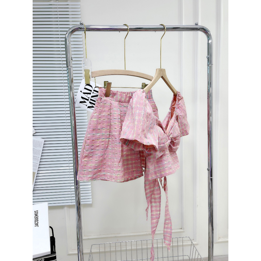 💖ẢNH THẬT💖Sét kẻ hồng áo tay phồng nơ lưng mix chân váy cạp cao chun lưng - Linh Beautiful