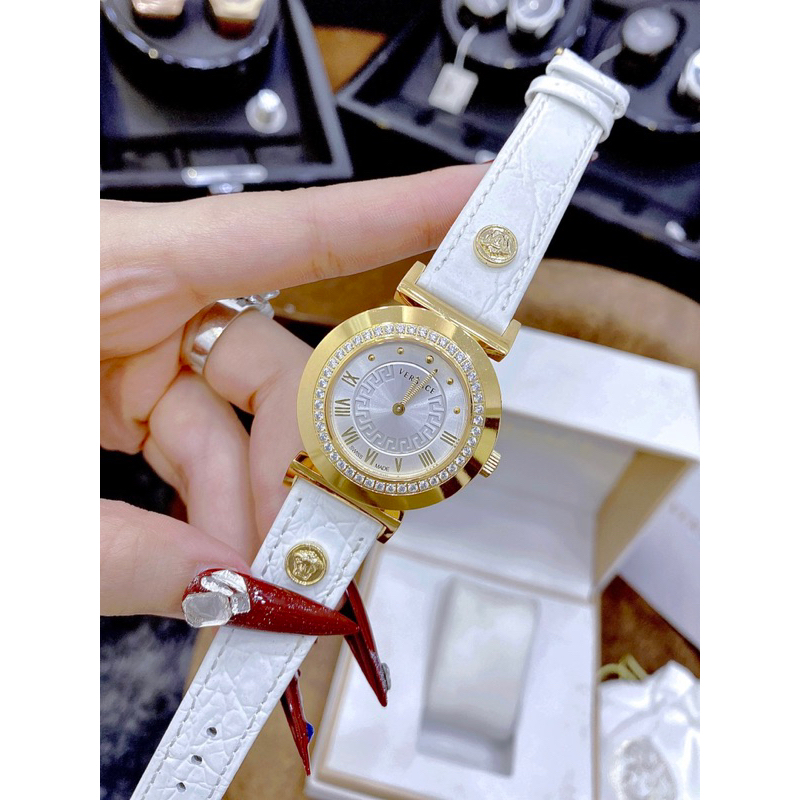 Đồng hồ nữ Versacs Vanity Steel máy thuỵ sỹ dây da mặt tròn đính đá siz 35mm