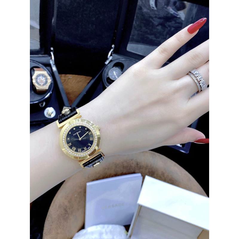 Đồng hồ nữ Versacs Vanity Steel máy thuỵ sỹ dây da mặt tròn đính đá siz 35mm