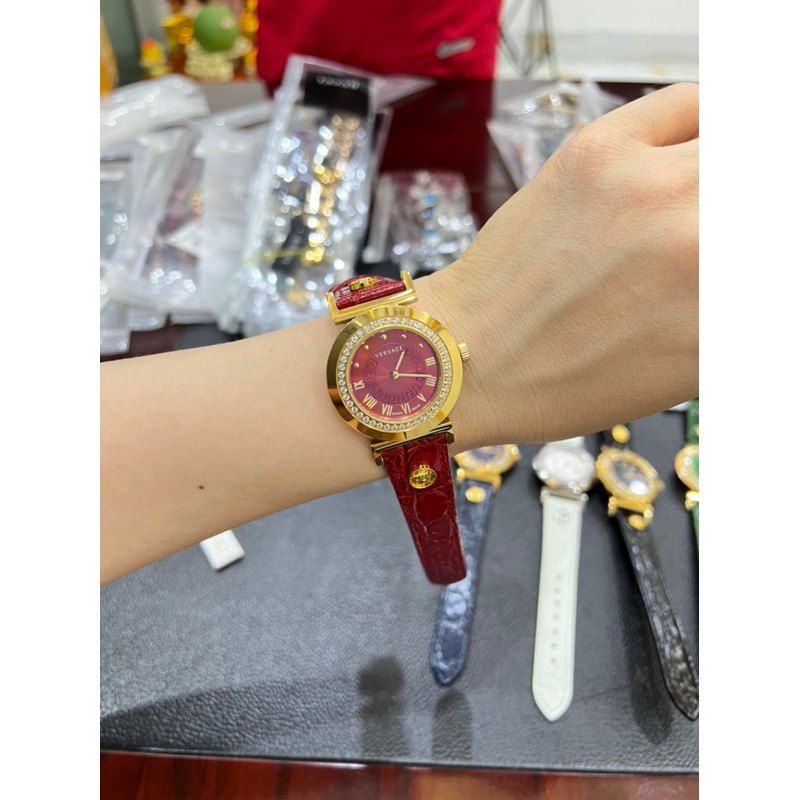 Đồng hồ nữ Versacs Vanity Steel máy thuỵ sỹ dây da mặt tròn đính đá siz 35mm