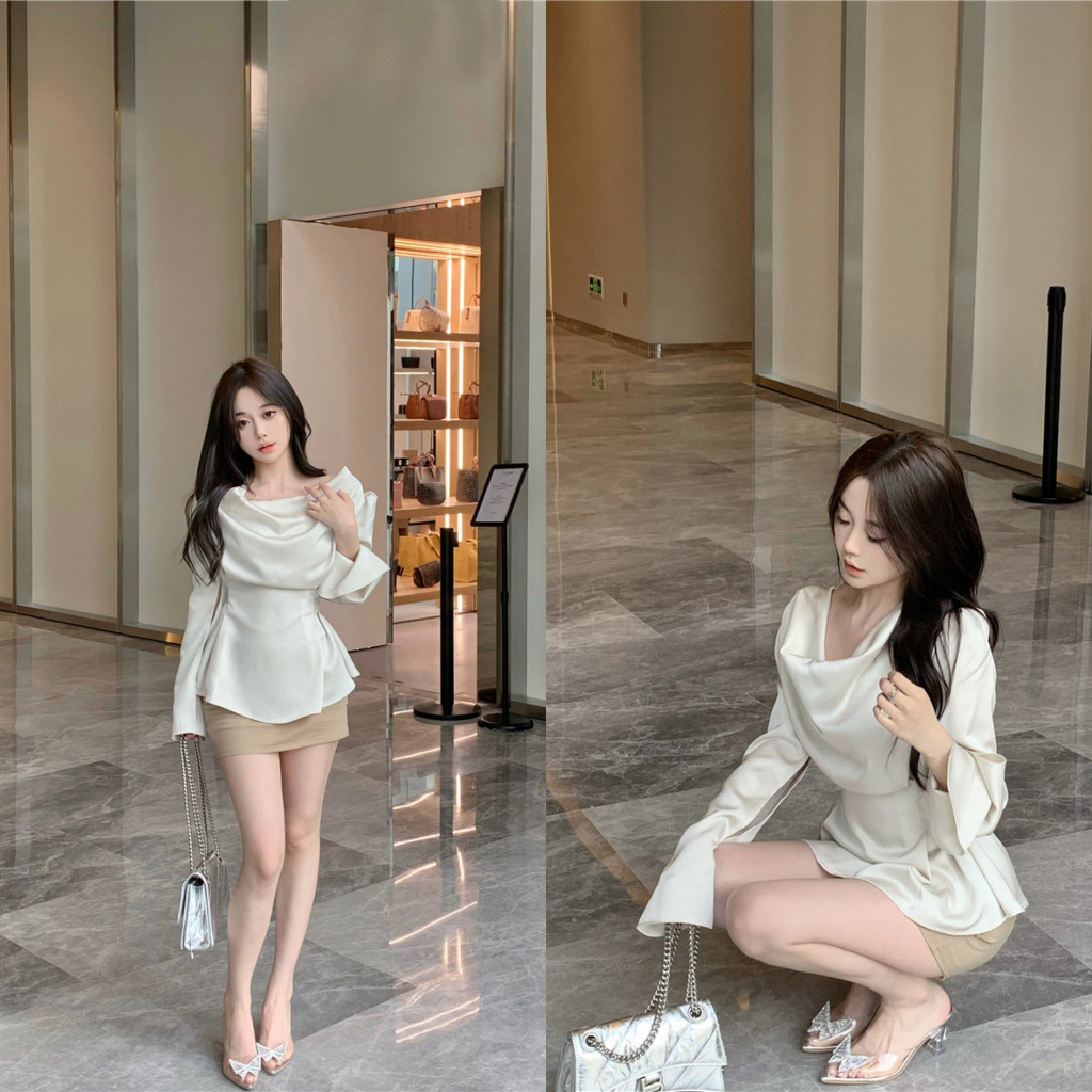 (HÀNG XỊN ĐẸP) ÁO SƠ MI LỤA DÀI TAY XẺ TÀ CỔ ĐỔ THẮT NƠ LƯNG SIÊU XINH | BigBuy360 - bigbuy360.vn