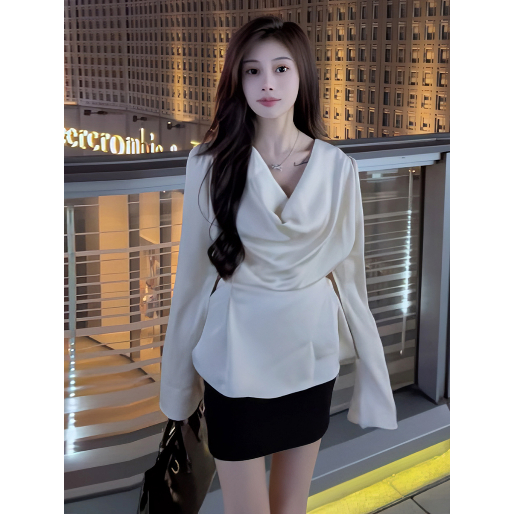 (HÀNG XỊN ĐẸP) ÁO SƠ MI LỤA DÀI TAY XẺ TÀ CỔ ĐỔ THẮT NƠ LƯNG SIÊU XINH | BigBuy360 - bigbuy360.vn