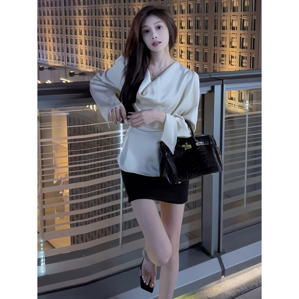 (HÀNG XỊN ĐẸP) ÁO SƠ MI LỤA DÀI TAY XẺ TÀ CỔ ĐỔ THẮT NƠ LƯNG SIÊU XINH | BigBuy360 - bigbuy360.vn