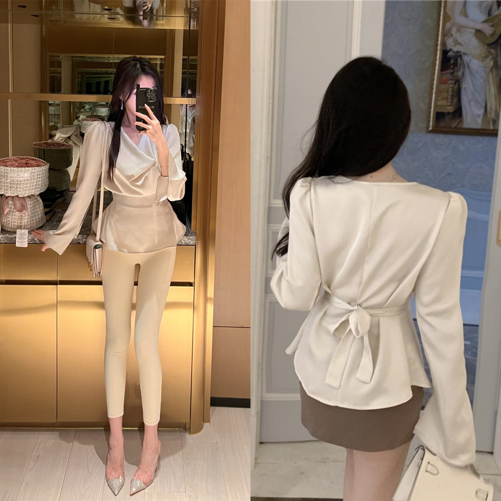 (HÀNG XỊN ĐẸP) ÁO SƠ MI LỤA DÀI TAY XẺ TÀ CỔ ĐỔ THẮT NƠ LƯNG SIÊU XINH | BigBuy360 - bigbuy360.vn