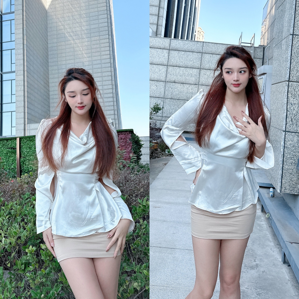 (HÀNG XỊN ĐẸP) ÁO SƠ MI LỤA DÀI TAY XẺ TÀ CỔ ĐỔ THẮT NƠ LƯNG SIÊU XINH | BigBuy360 - bigbuy360.vn
