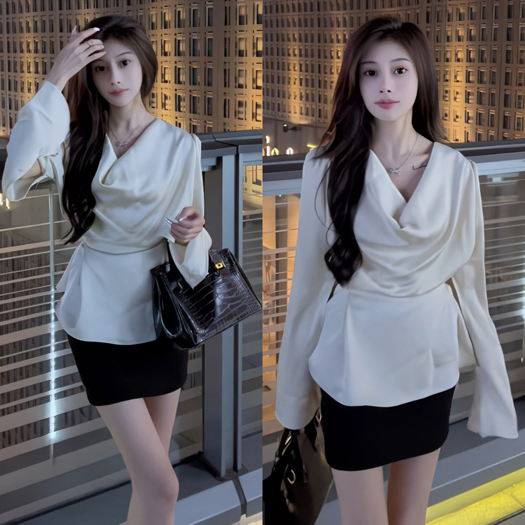 (HÀNG XỊN ĐẸP) ÁO SƠ MI LỤA DÀI TAY XẺ TÀ CỔ ĐỔ THẮT NƠ LƯNG SIÊU XINH | BigBuy360 - bigbuy360.vn