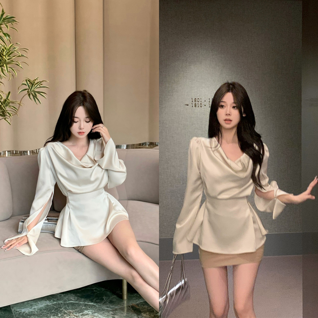 (HÀNG XỊN ĐẸP) ÁO SƠ MI LỤA DÀI TAY XẺ TÀ CỔ ĐỔ THẮT NƠ LƯNG SIÊU XINH | BigBuy360 - bigbuy360.vn