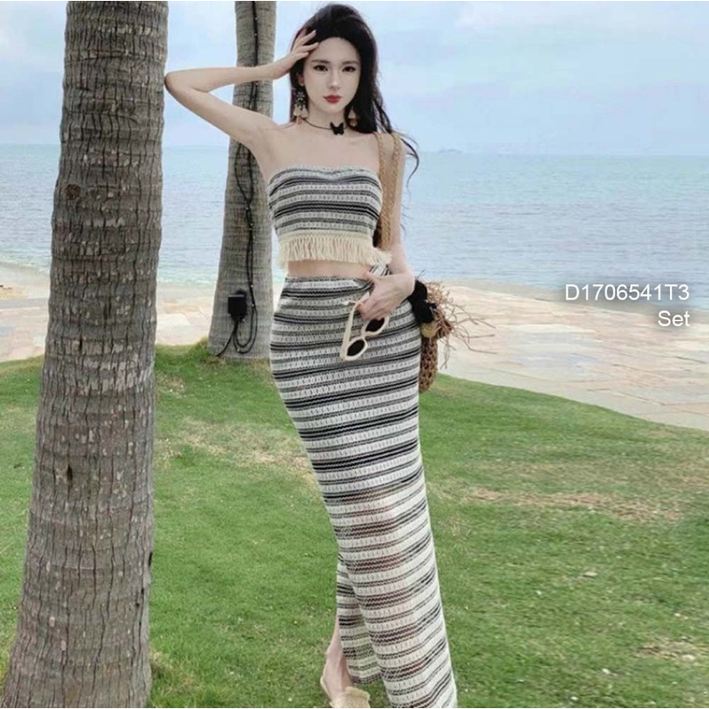 Set bộ thổ cẩm áo quây form croptop lai viền tua rua phối chân váy dài!
