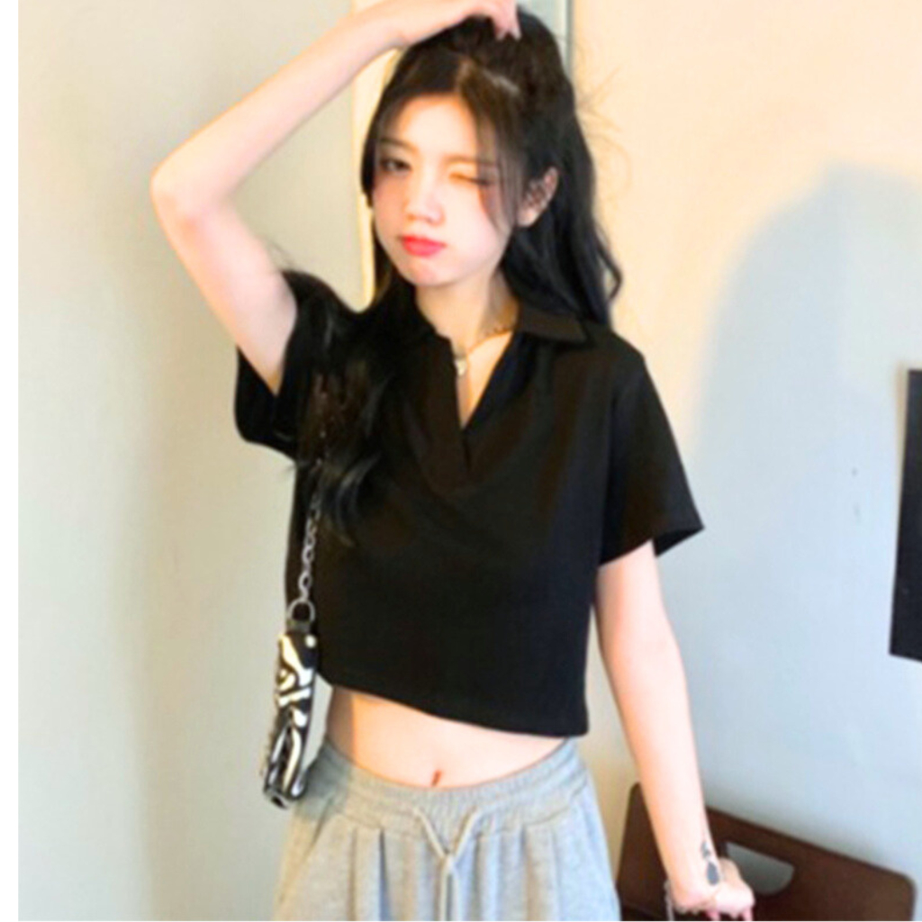 Áo Croptop Cổ Bẻ Ngắn Tay Madela Form Rộng Thoải Mái, Croptop Polo Nữ Cổ Trụ Chất Cotton Thoáng Mát - Actn01