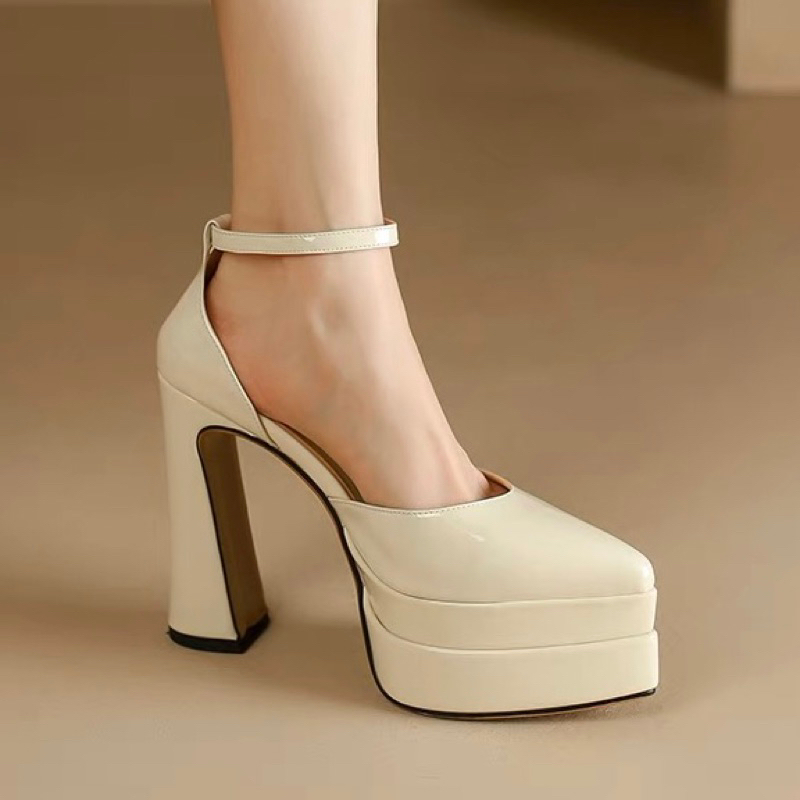ORDER 💕 Giày mũi nhọn da bóng đế đúp gót trụ 13cm 34-39