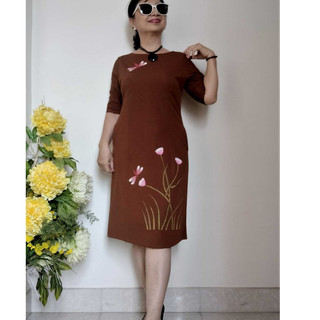 Size XL : 55 - 62kg - Váy Đầm Suông Vẽ Tay Mẫu Hoa Cỏ - Co Giãn, Có Túi, Dây kéo