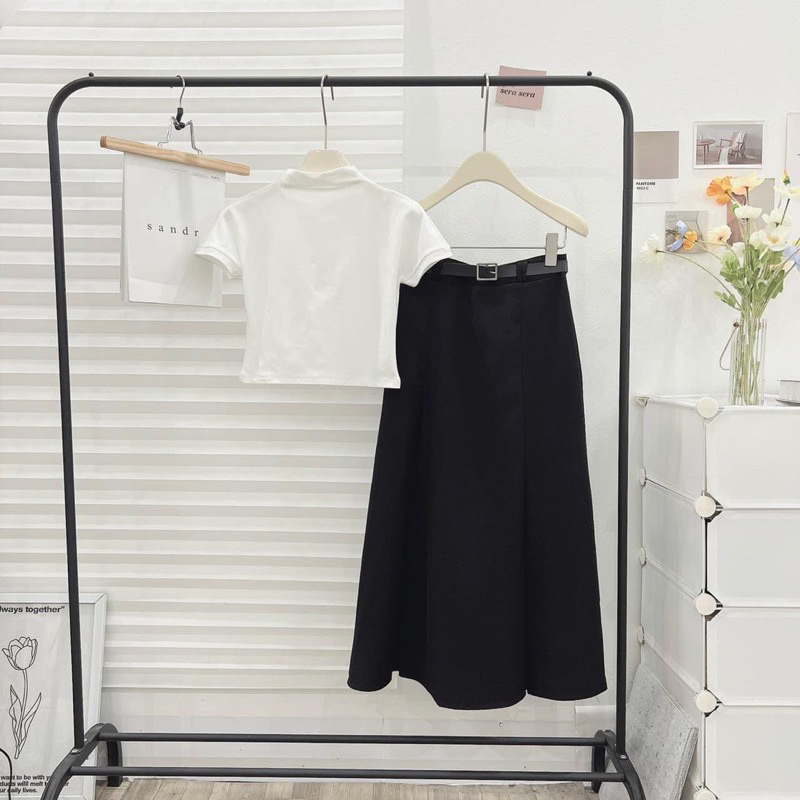 Set Đồ Nữ Áo Phông Thun Ôm Dáng Kèm Chân Váy Kaki Dáng Dài Tiểu Thư