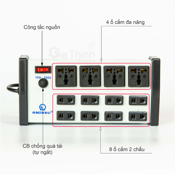 Ổ cắm chống cháy chuyên dụng 12 lỗ đa năng Ominsu bọc kim loại, có rơ le tự ngắt