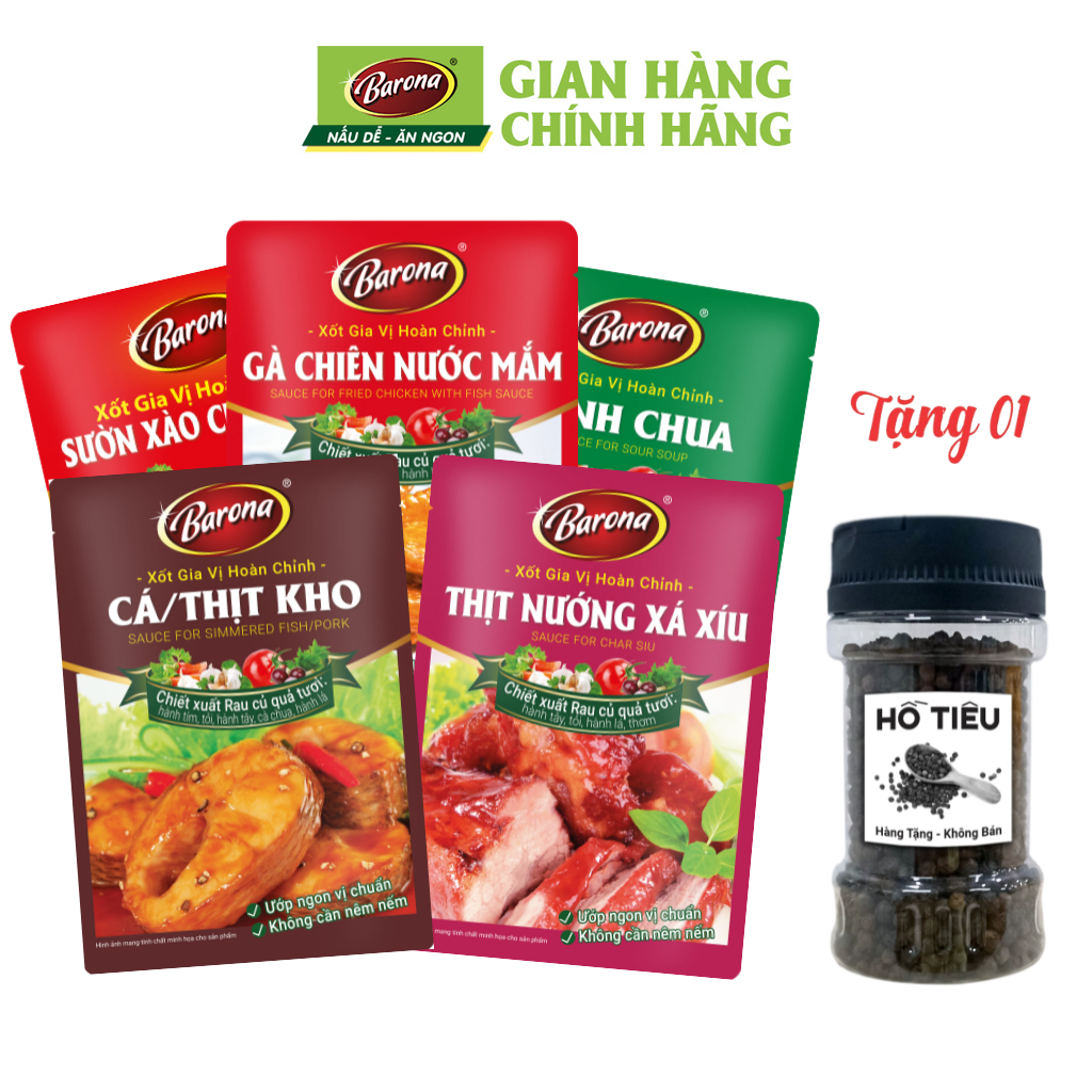 Combo 5 gói Gia Vị Barona 80g (Canh Chua, Sườn xào chua ngọt, Xá Xíu, Cá/ Thịt Kho, Gà chiên nước mắm) tặng tiêu hạt