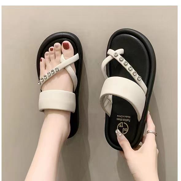 Dép xỏ ngón mặc ngoài nữ đế dày đính đá