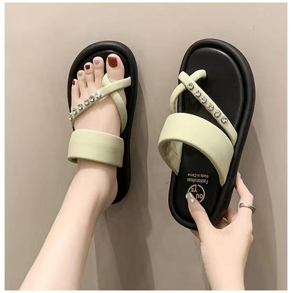 Dép xỏ ngón mặc ngoài nữ đế dày đính đá