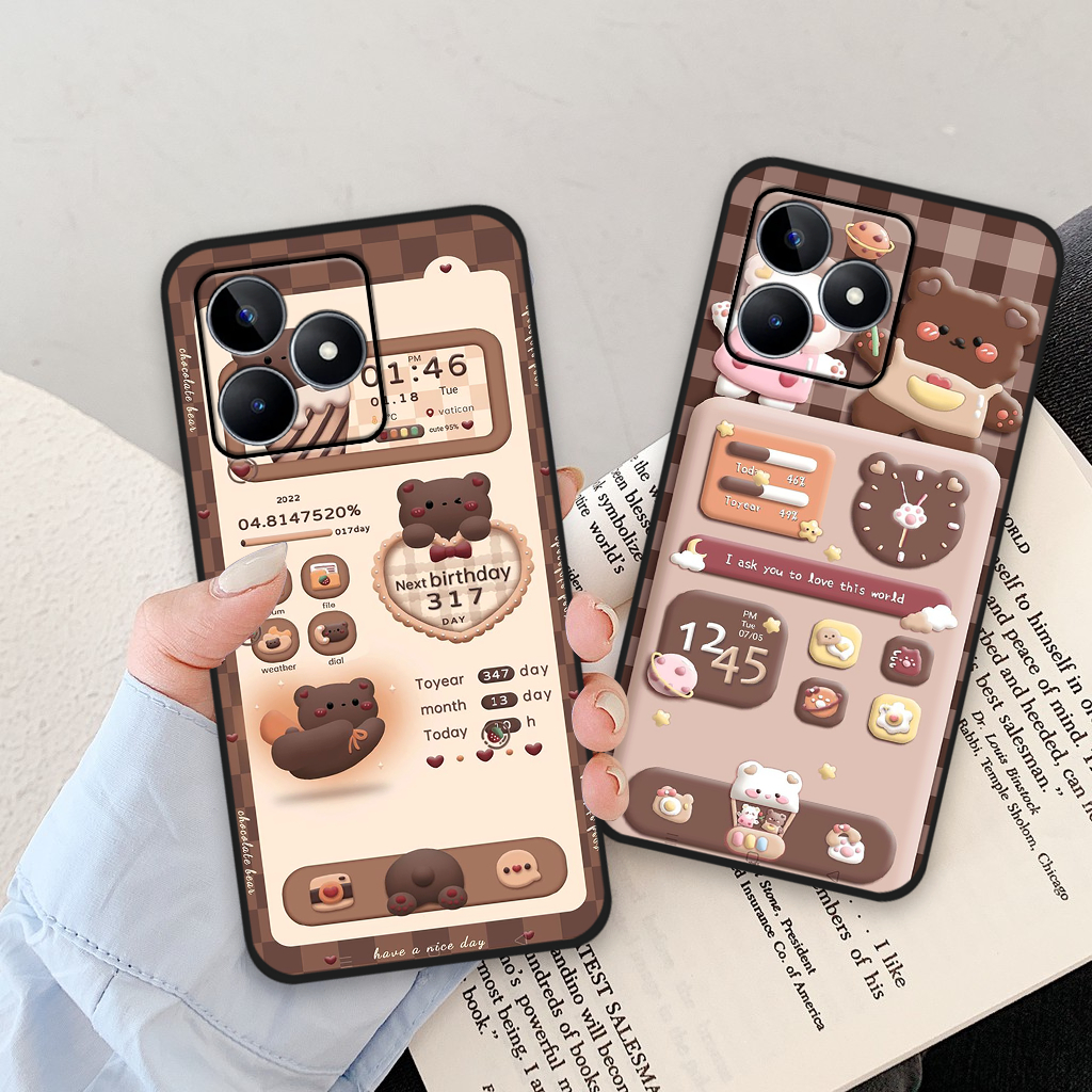 Ốp lưng Realme C53 hoạ tiết 3D nền kẻ caro, gấu đáng yêu