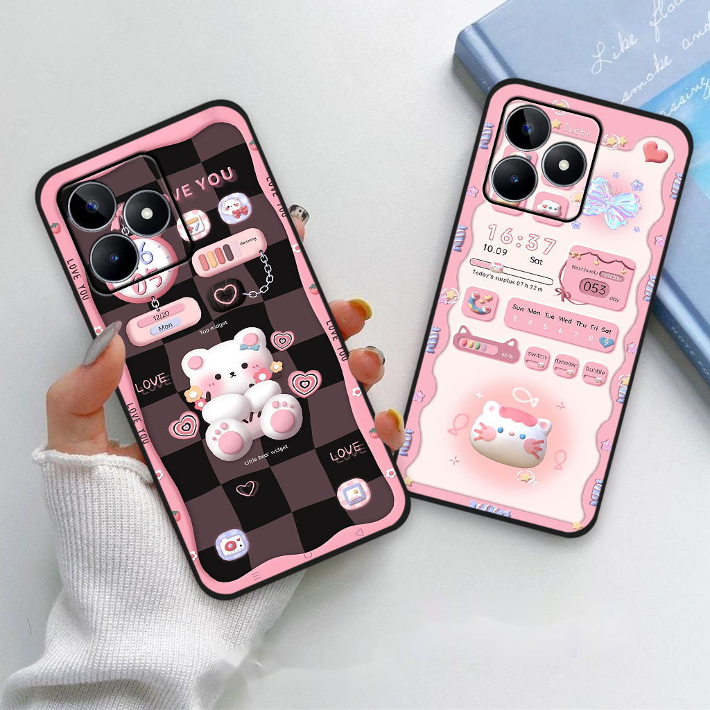 Ốp lưng Realme C53 hoạ tiết 3D nền kẻ caro, gấu đáng yêu