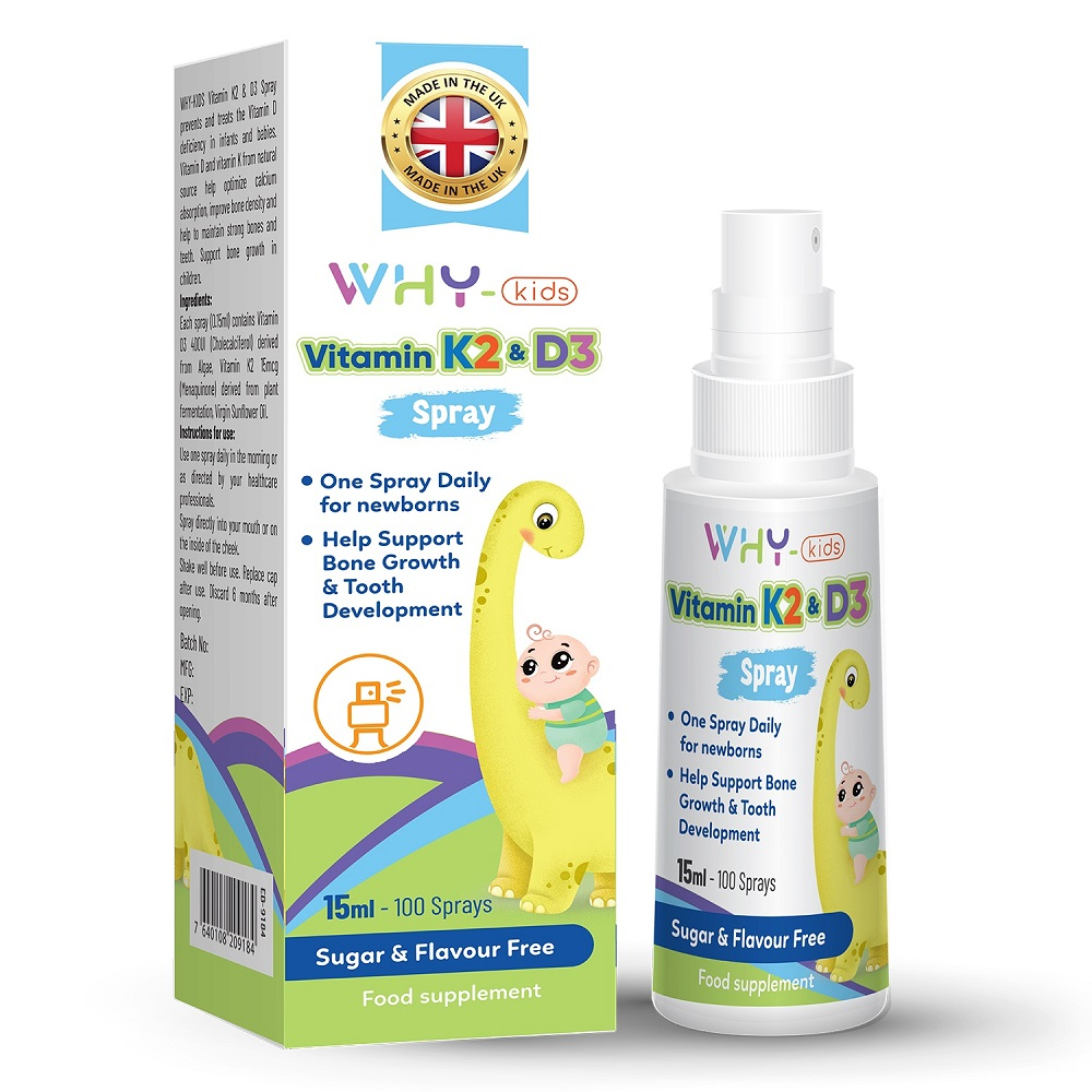 Vitamin D3 và K2 dạng xịt Why-Kids, tăng cường hấp thu Canxi hỗ trợ phát triển chiều cao cho bé chai 15ml