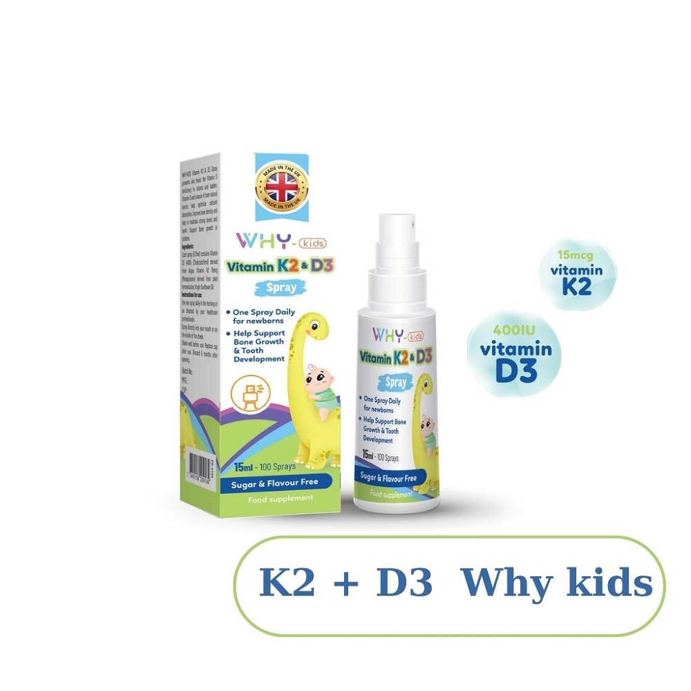 Vitamin D3 và K2 dạng xịt Why-Kids, tăng cường hấp thu Canxi hỗ trợ phát triển chiều cao cho bé chai 15ml