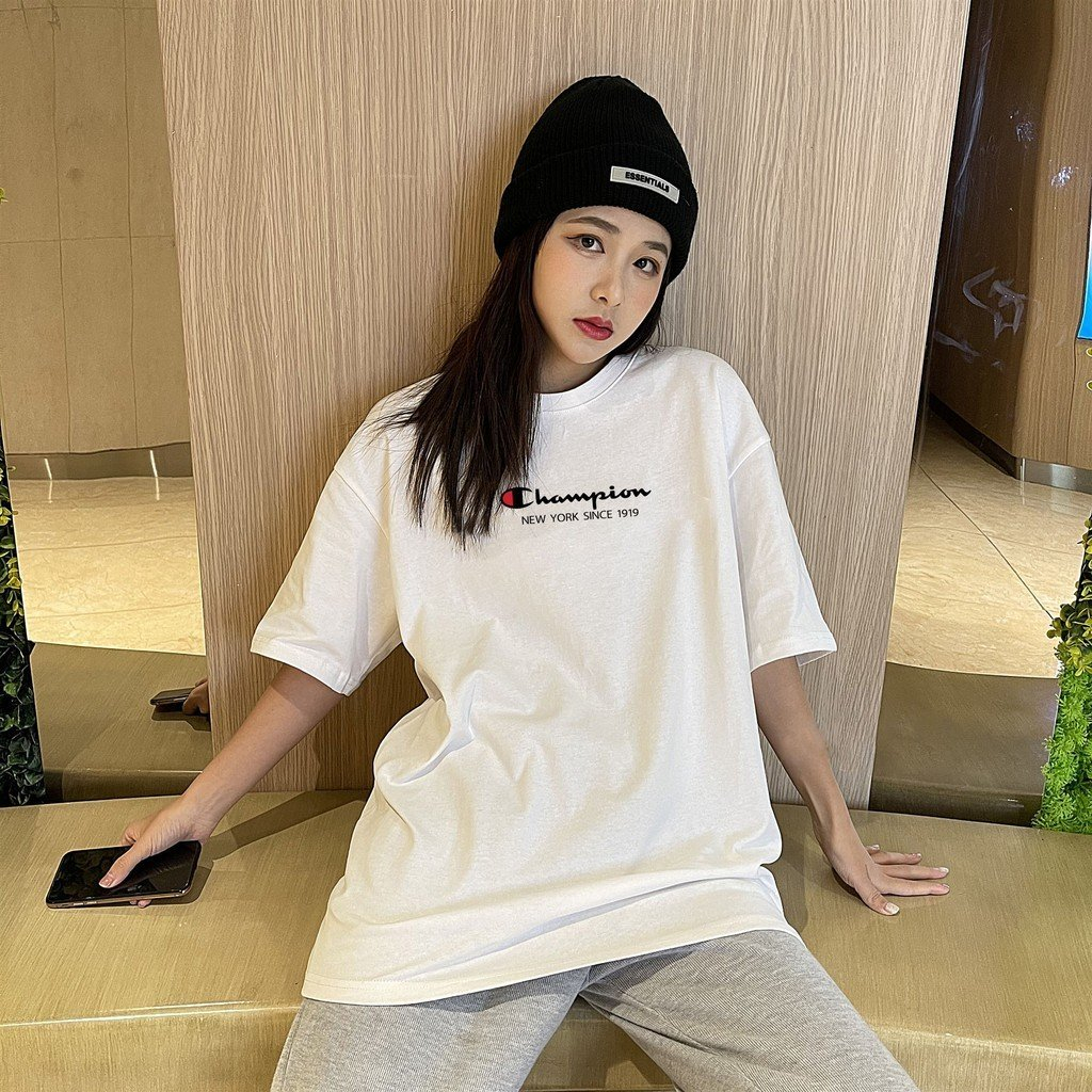 Áo thun tay lỡ Champion Unisex phong cách Hiphop dáng rộng Hàn Quốc