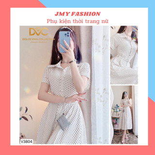 V3804 Váy đầm trắng sơ mi vintage chấm bi đen xoè [Dolce Viva Colection (DVC)] váy tiểu thư công sở