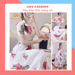 V3809 Váy trắng hoa đỏ xoè dáng dài vintage váy đầm hoa đỏ tiểu thư nữ tính