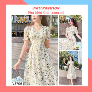 V3796 Váy hoa nhí xanh lá cổ V vintage viền ren váy xanh xoè dáng dài nữ tính