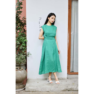 Đầm linen xòe MaxMessi Premium Collection Adeline cổ tròn dây thắt lưng điều chỉnh eo