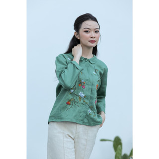 MaxMessi - Áo sơ mi nữ Linen Tưng Premium LALA tay lỡ cổ sen thêu hoa thủ công